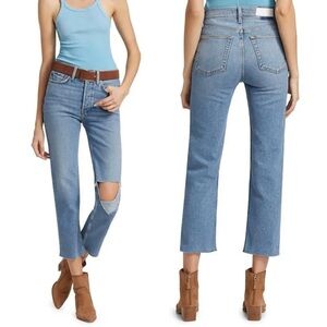 Re/Done 70s Stove Pipe Jeans in Brisk Blue with Rips Raw Hem Button Fly